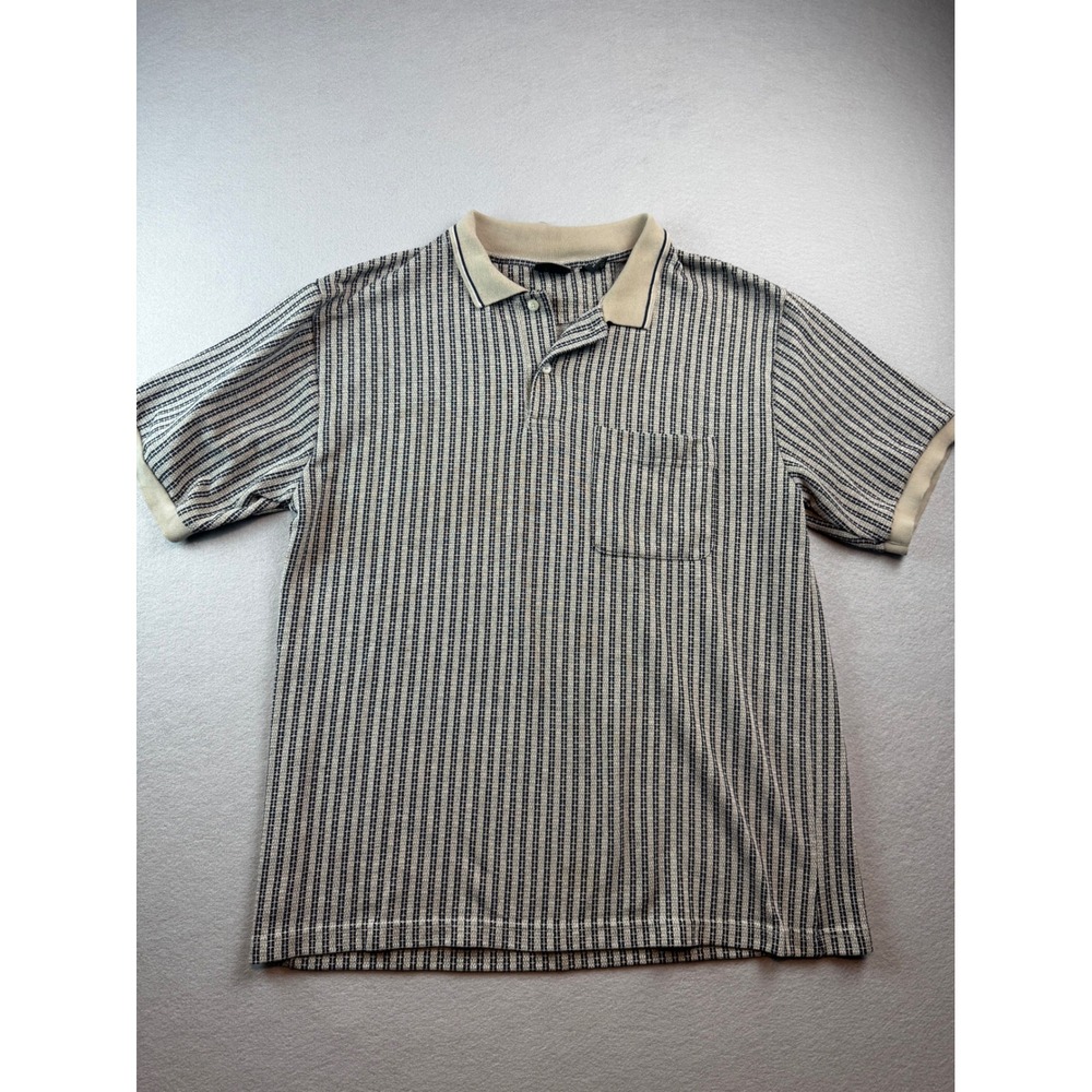 Vintage David Taylor Mens Large Polo Shirt Striped Short Sleeve Pocket Beige L